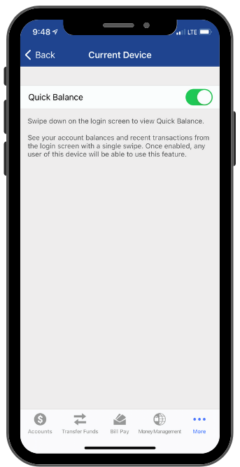 Webster First mobile app quick balance screen